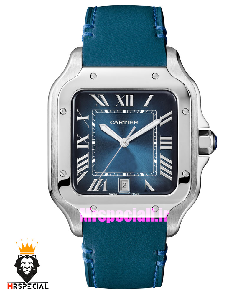 ساعت کارتیه مردانه مدل دسانتوس بند چرم ابی صفحه ابی 021494 Cartier Santos de
