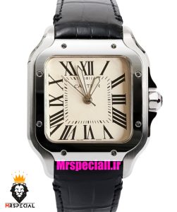 ساعت کارتیه مردانه مدل دسانتوس بند چرم مشکی صفحه سفید 021495 Cartier Santos de