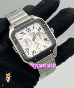 ساعت کارتیه مردانه مدل دسانتوس کرنوگراف بند استیل صفحه سفید 021147 Cartier Santos de 