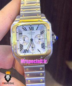 ساعت کارتیه مردانه مدل دسانتوس کرنوگراف دورنگ طلایی صفحه سفید 021149 Cartier Santos de 