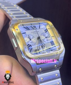 ساعت کارتیه مردانه مدل دسانتوس کرنوگراف دورنگ طلایی صفحه سفید 021149 Cartier Santos de 