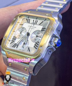 ساعت کارتیه مردانه مدل دسانتوس کرنوگراف دورنگ طلایی صفحه سفید 021149 Cartier Santos de 