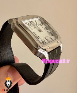 ساعت کارتیه مردانه مدل دسانتوس بند چرم مشکی صفحه سفید 021495 Cartier Santos de