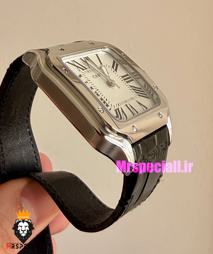 ساعت کارتیه مردانه مدل دسانتوس بند چرم مشکی صفحه سفید 021495 Cartier Santos de