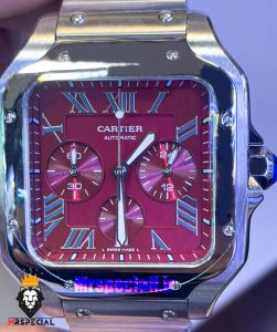 ساعت کارتیه مردانه مدل دسانتوس کرنوگراف بند استیل صفحه قرمز 021146 Cartier Santos de