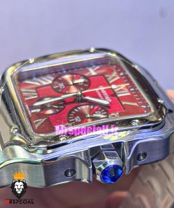 ساعت کارتیه مردانه مدل دسانتوس کرنوگراف بند استیل صفحه قرمز 021146 Cartier Santos de