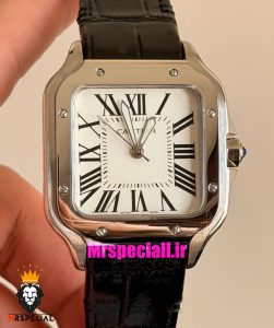 ساعت کارتیه مردانه مدل دسانتوس بند چرم مشکی صفحه سفید 021495 Cartier Santos de