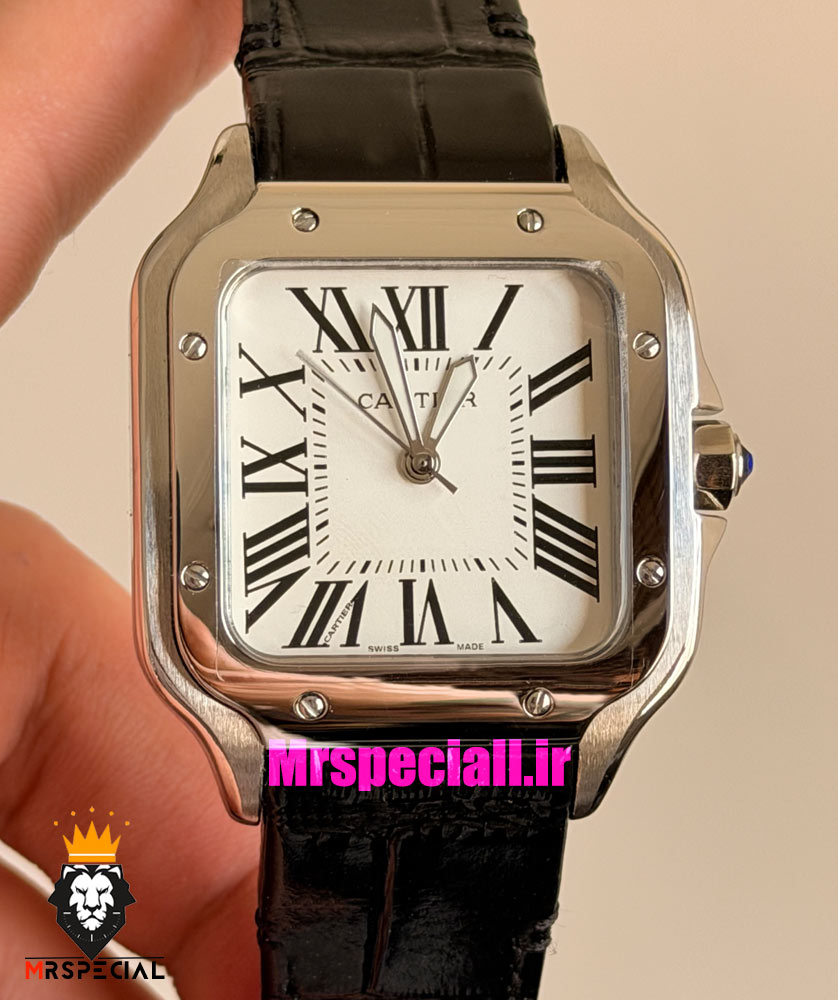 ساعت کارتیه مردانه مدل دسانتوس بند چرم مشکی صفحه سفید 021495 Cartier Santos de