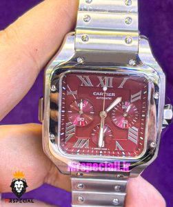 ساعت کارتیه مردانه مدل دسانتوس کرنوگراف بند استیل صفحه قرمز 021146 Cartier Santos de