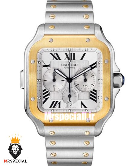 ساعت کارتیه مردانه مدل دسانتوس کرنوگراف دورنگ طلایی صفحه سفید 021149 Cartier Santos de
