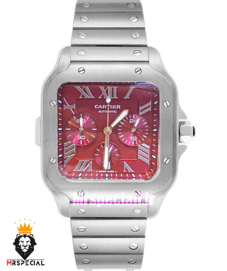 ساعت کارتیه مردانه مدل دسانتوس کرنوگراف بند استیل صفحه قرمز 021146 Cartier Santos de