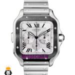 ساعت کارتیه مردانه مدل دسانتوس کرنوگراف بند استیل صفحه سفید 021147 Cartier Santos de
