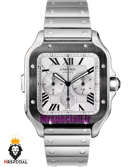ساعت کارتیه مردانه مدل دسانتوس کرنوگراف بند استیل صفحه سفید 021147 Cartier Santos de