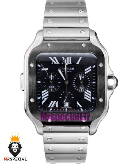 ساعت کارتیه مردانه مدل دسانتوس کرنوگراف بند استیل صفحه مشکی 021148 Cartier Santos de