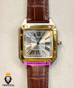 ساعت کارتیه دومونت مردانه بند چرم قهوه ای قاب دورنگ طلایی صفحه سفید CARTIER Dumont 021634