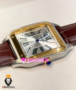 ساعت کارتیه دومونت مردانه بند چرم قهوه ای قاب دورنگ طلایی صفحه سفید CARTIER Dumont 021634