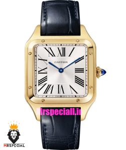 ساعت کارتیه دومونت مردانه بند چرم مشکی قاب طلایی صفحه سفید CARTIER Dumont 021633