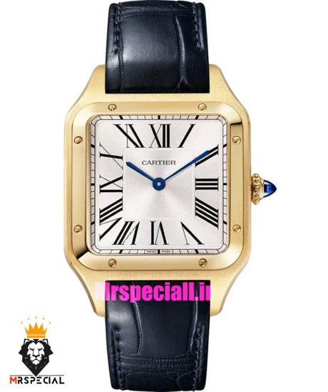 ساعت کارتیه دومونت مردانه بند چرم مشکی قاب طلایی صفحه سفید CARTIER Dumont 021633