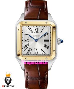 ساعت کارتیه دومونت مردانه بند چرم قهوه ای قاب دورنگ طلایی صفحه سفید CARTIER Dumont 021634