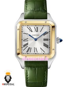 ساعت کارتیه دومونت مردانه بند چرم سبز قاب دورنگ طلایی صفحه سفید CARTIER Dumont 021635