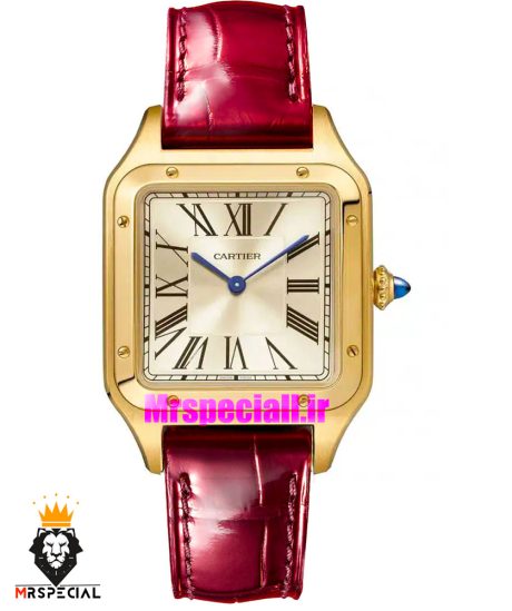 ساعت کارتیه زنانه دومونت بند چرم قرمز قاب طلایی صفحه سفید CARTIER Santos-Dumont watch 020685