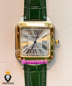 ساعت کارتیه دومونت مردانه بند چرم سبز قاب دورنگ طلایی صفحه سفید CARTIER Dumont 021635 