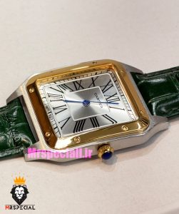 ساعت کارتیه دومونت مردانه بند چرم سبز قاب دورنگ طلایی صفحه سفید CARTIER Dumont 021635 