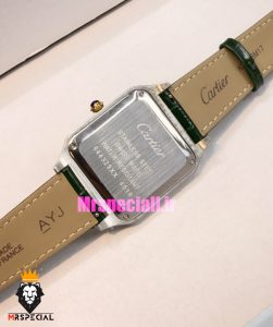 ساعت کارتیه دومونت مردانه بند چرم سبز قاب دورنگ طلایی صفحه سفید CARTIER Dumont 021635 