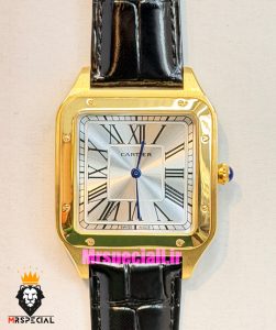 ساعت کارتیه دومونت مردانه بند چرم مشکی قاب طلایی صفحه سفید CARTIER Dumont 021633