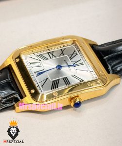 ساعت کارتیه دومونت مردانه بند چرم مشکی قاب طلایی صفحه سفید CARTIER Dumont 021633
