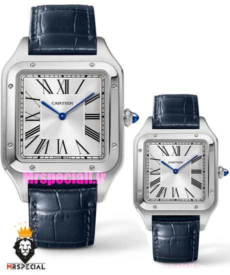 ساعت ست کارتیه مدل دومونت بند چرم سورمه ای قاب استیل صفحه سفید CARTIER Dumont 021490