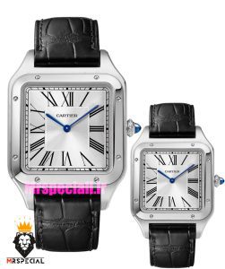 ساعت ست کارتیه مدل دومونت بند چرم مشکی قاب استیل صفحه سفید CARTIER Santos-Dumont 021489