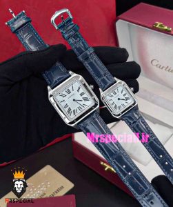 ساعت ست کارتیه مدل دومونت بند چرم سورمه ای قاب استیل صفحه سفید CARTIER Dumont 021490