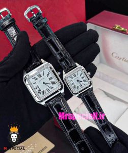 ساعت ست کارتیه مدل دومونت بند چرم مشکی قاب استیل صفحه سفید CARTIER Dumont 021489