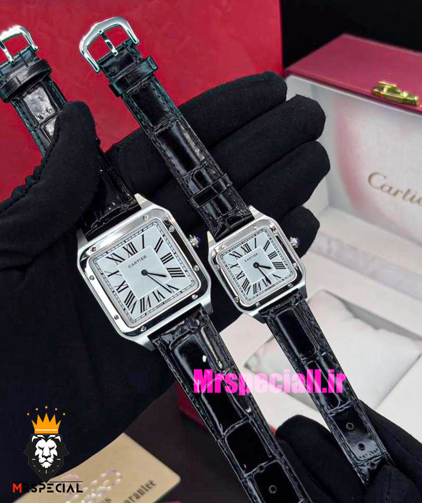 ساعت ست کارتیه مدل دومونت بند چرم مشکی قاب استیل صفحه سفید CARTIER Santos-Dumont 021489