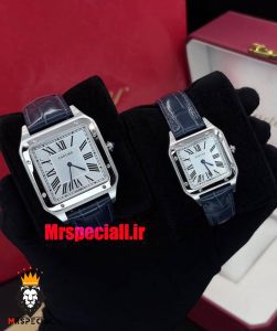 ساعت ست کارتیه مدل دومونت بند چرم سورمه ای قاب استیل صفحه سفید CARTIER Dumont 021490