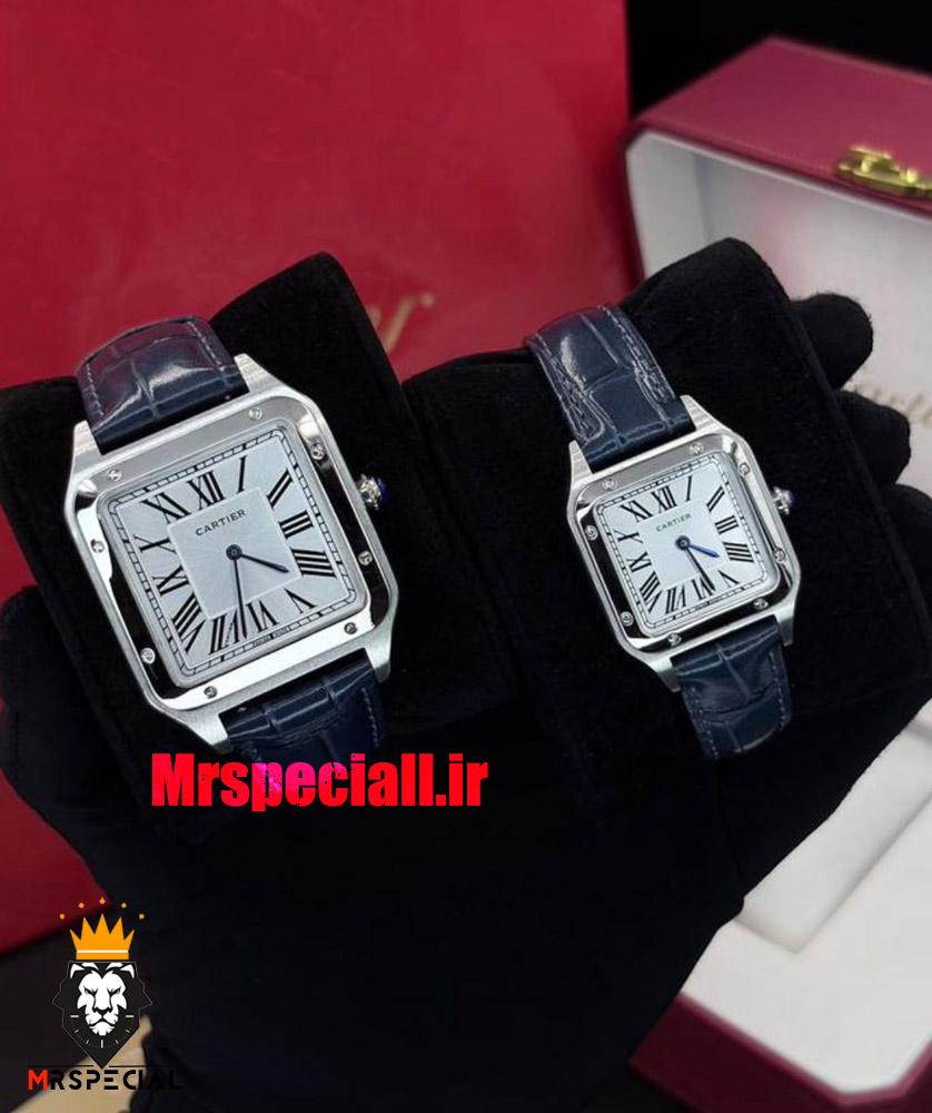 ساعت ست کارتیه مدل دومونت بند چرم سورمه ای قاب استیل صفحه سفید CARTIER Dumont 021490