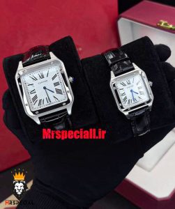 ساعت ست کارتیه مدل دومونت بند چرم مشکی قاب استیل صفحه سفید CARTIER Dumont 021489
