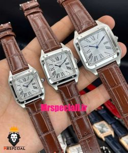 ساعت ست کارتیه مدل دومونت بند چرم قهوه ای قاب استیل صفحه سفید CARTIER Dumont 021511