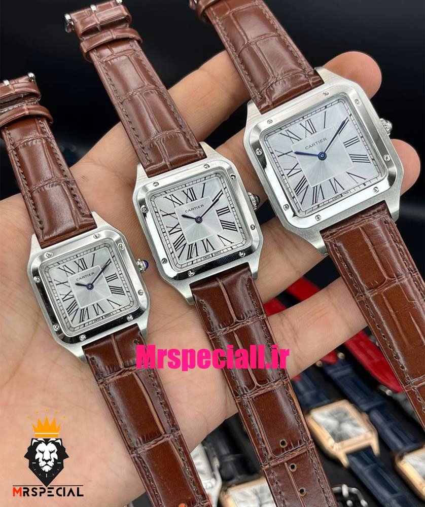 ساعت ست کارتیه مدل دومونت بند چرم قهوه ای قاب استیل صفحه سفید CARTIER Dumont 021511