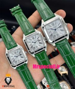 ساعت ست کارتیه مدل دومونت بند چرم سبز قاب استیل صفحه سفید CARTIER Dumont 021512