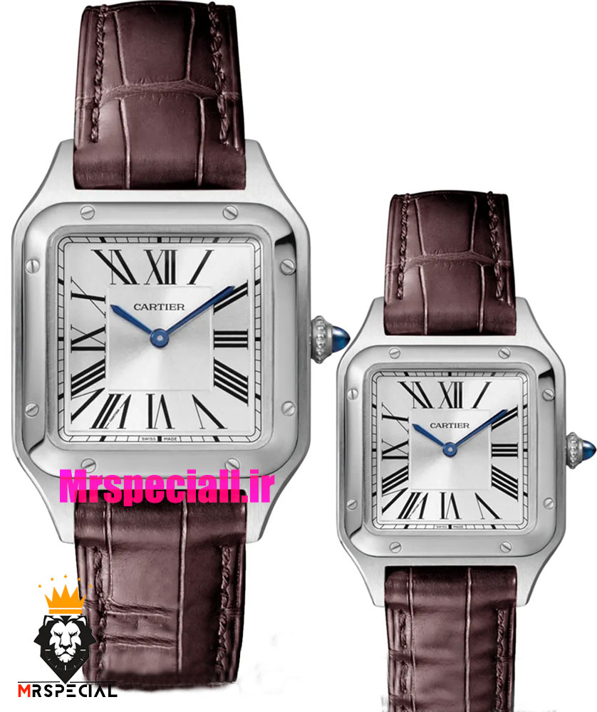 ساعت ست کارتیه مدل دومونت بند چرم قهوه ای قاب استیل صفحه سفید CARTIER Dumont 021511