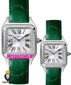 ساعت ست کارتیه مدل دومونت بند چرم سبز قاب استیل صفحه سفید CARTIER Dumont 021512