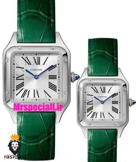 ساعت ست کارتیه مدل دومونت بند چرم سبز قاب استیل صفحه سفید CARTIER Dumont 021512