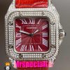 ساعت کارتیه زنانه مدل سانتوس فول نگین باتری بند چرم قرمز صفحه قرمز 020970 Cartier Santos100