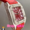 ساعت کارتیه زنانه مدل سانتوس فول نگین باتری بند چرم قرمز صفحه قرمز 020970 Cartier Santos100