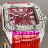 ساعت کارتیه زنانه مدل سانتوس فول نگین باتری بند چرم قرمز صفحه قرمز 020970 Cartier Santos100