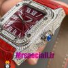 ساعت کارتیه زنانه مدل سانتوس فول نگین باتری بند چرم قرمز صفحه قرمز 020970 Cartier Santos100