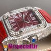ساعت کارتیه زنانه مدل سانتوس فول نگین باتری بند چرم قرمز صفحه قرمز 020970 Cartier Santos100