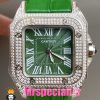 ساعت کارتیه زنانه مدل سانتوس فول نگین باتری بند چرم سبز صفحه سبز 020969 Cartier Santos100